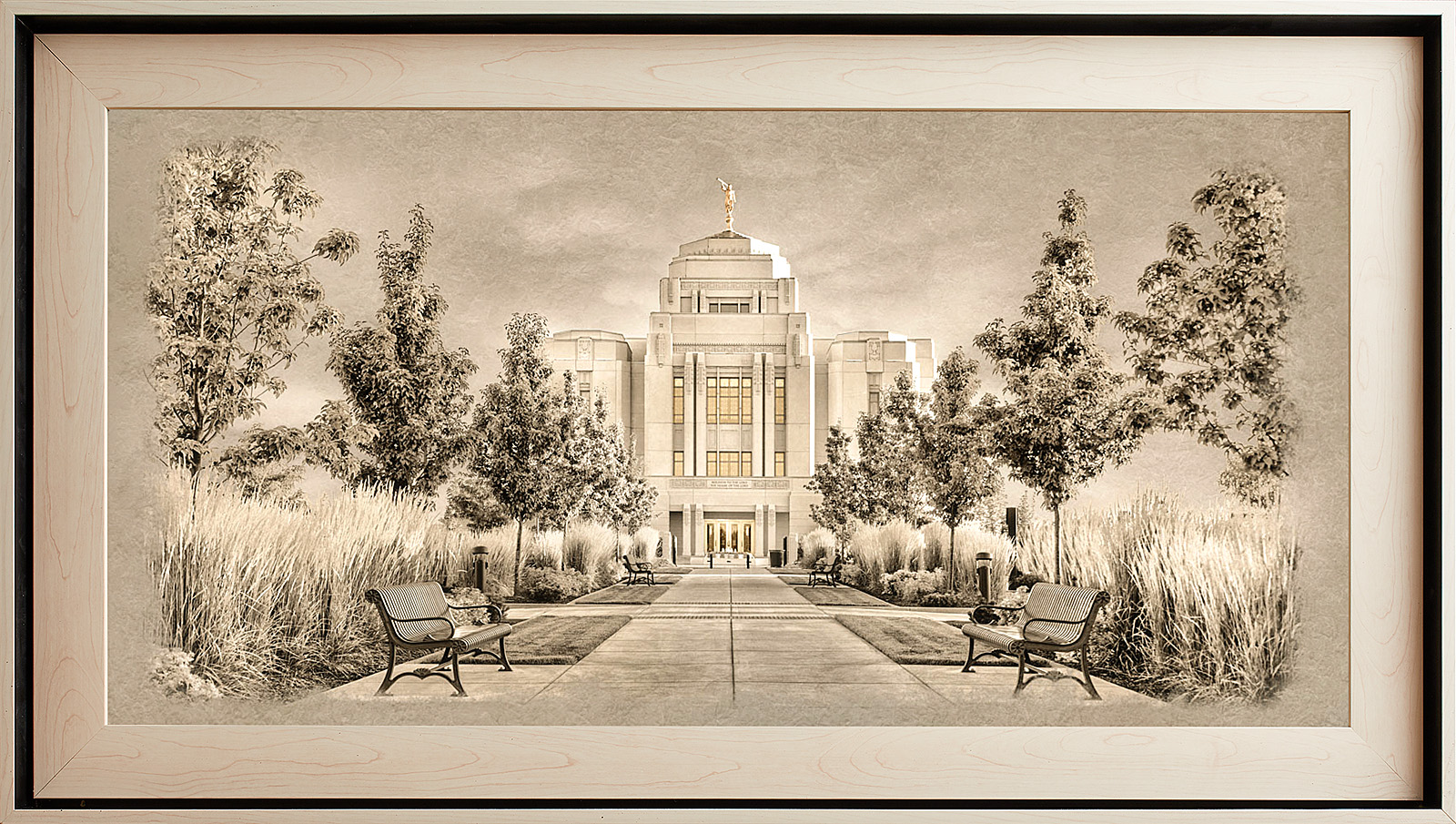 Meridian Idaho Temple, Light Wood (22x39 Framed Textured Paper)