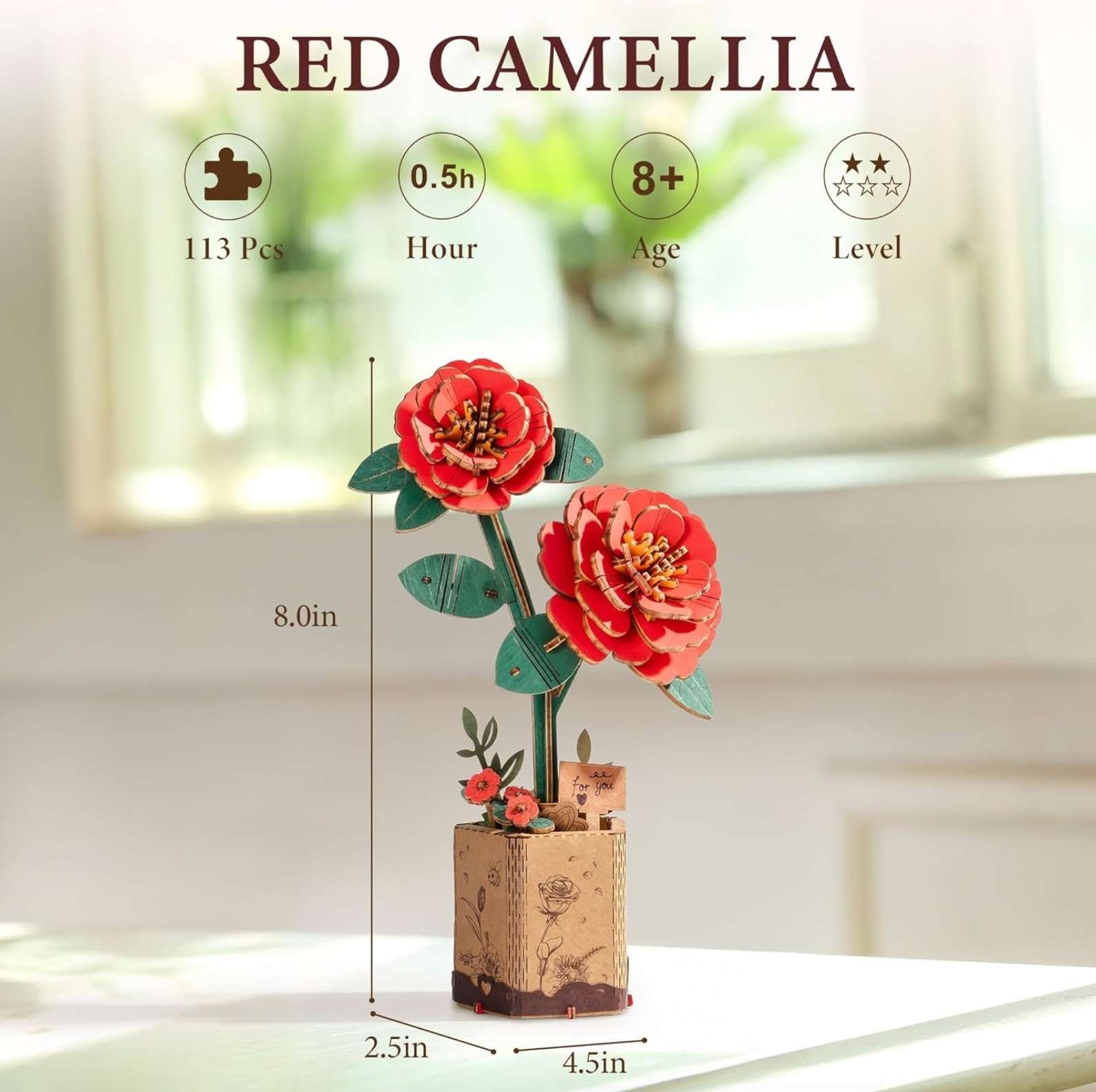 Red Camellia 113 Piece Wooden Puzzle, , large