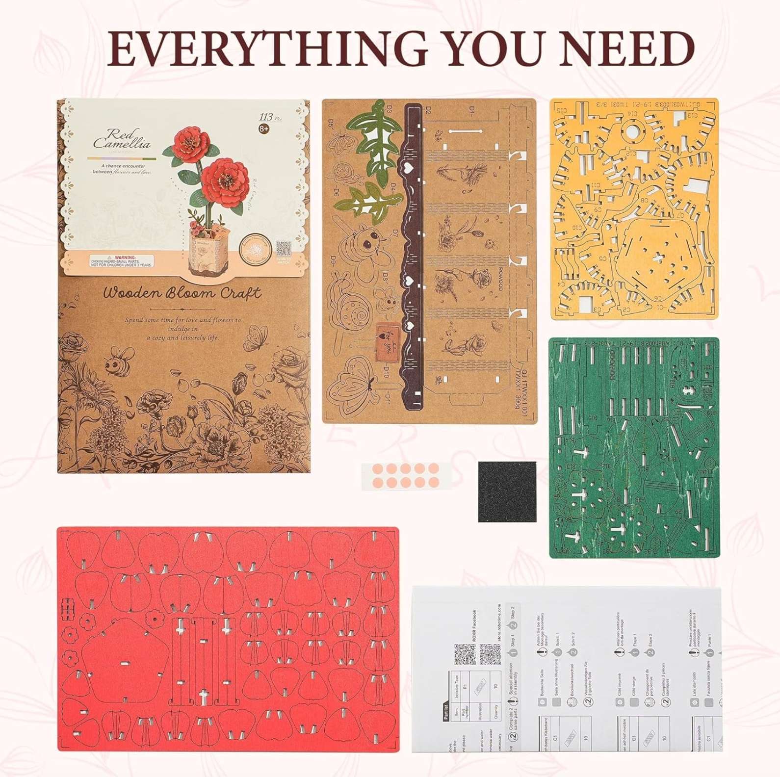 Red Camellia 113 Piece Wooden Puzzle, , large image number 3