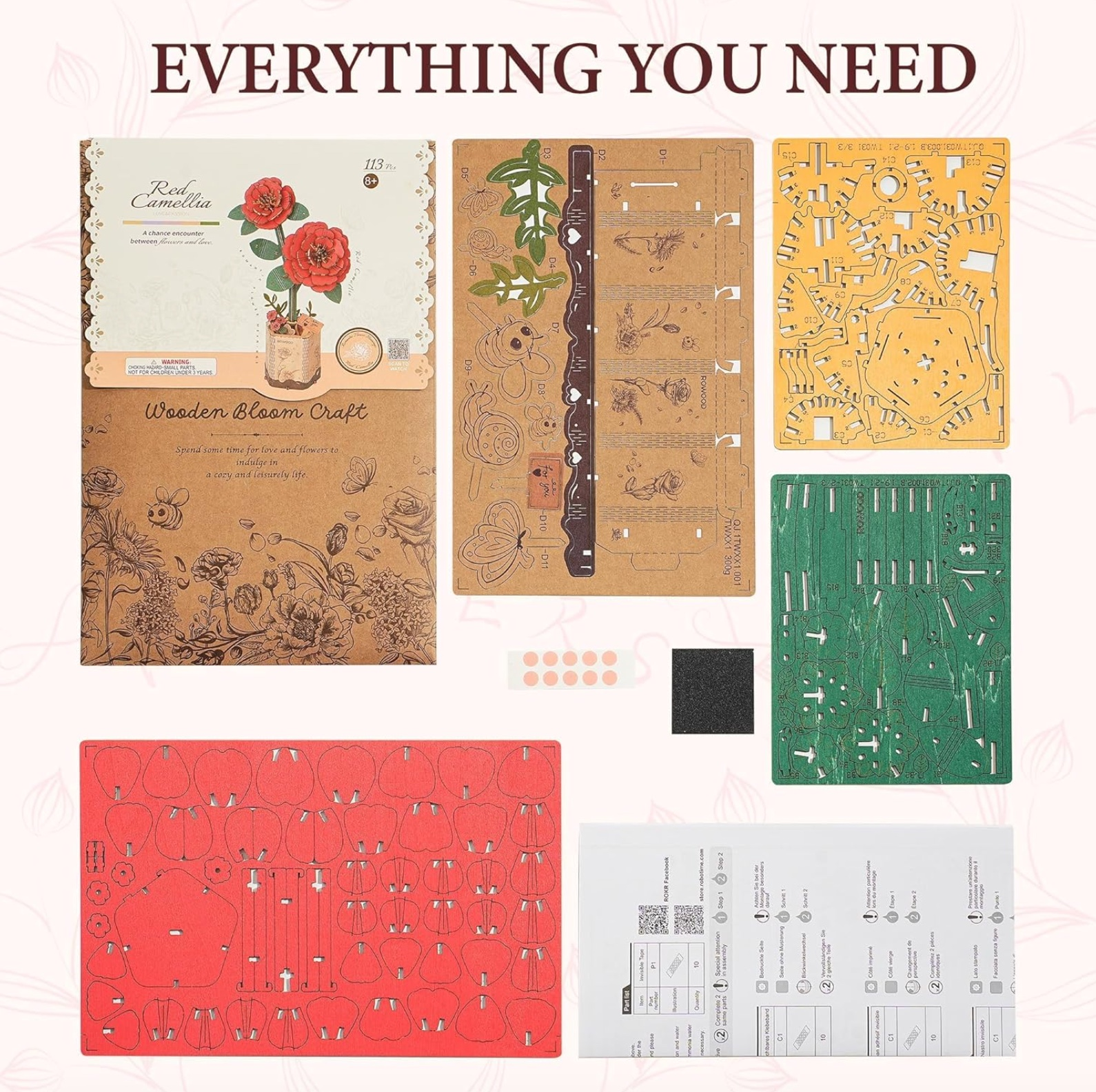 Red Camellia 113 Piece Wooden Puzzle, , large image number 3