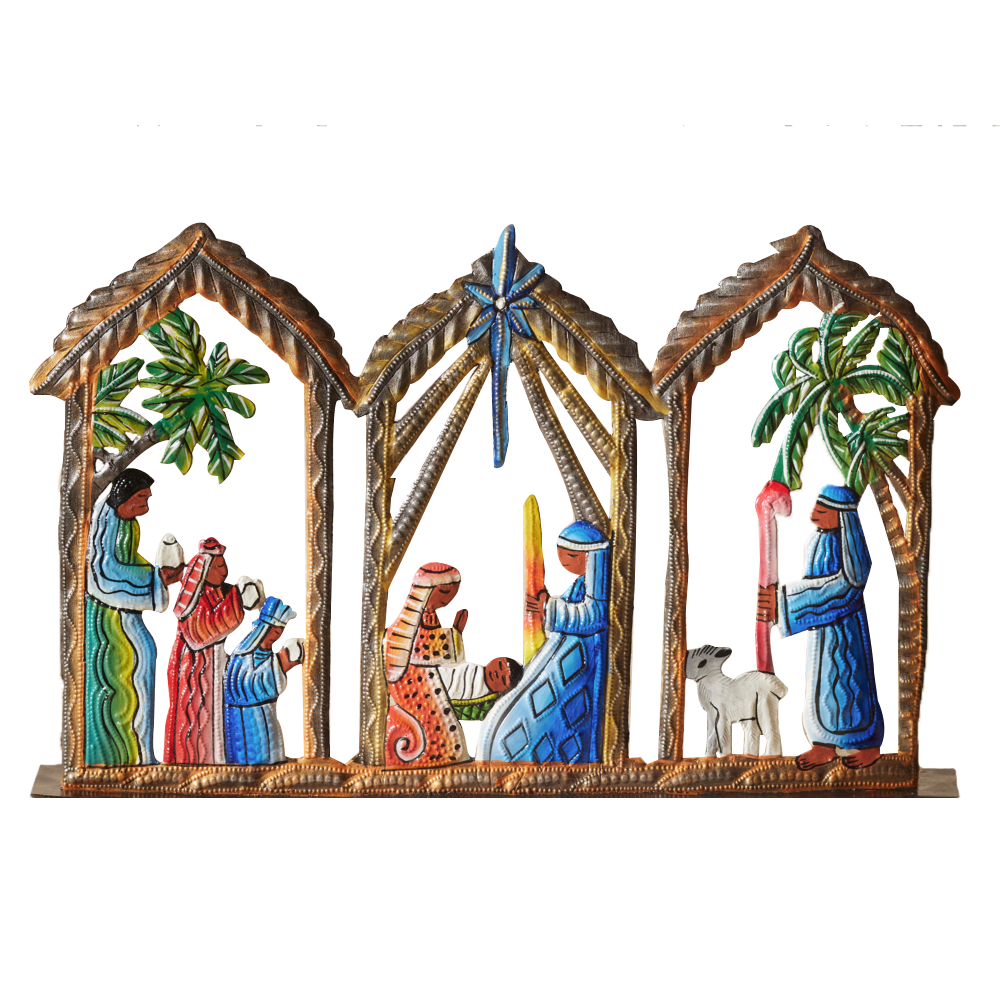Haitian Radiating Blue Star Metal Nativity Panels