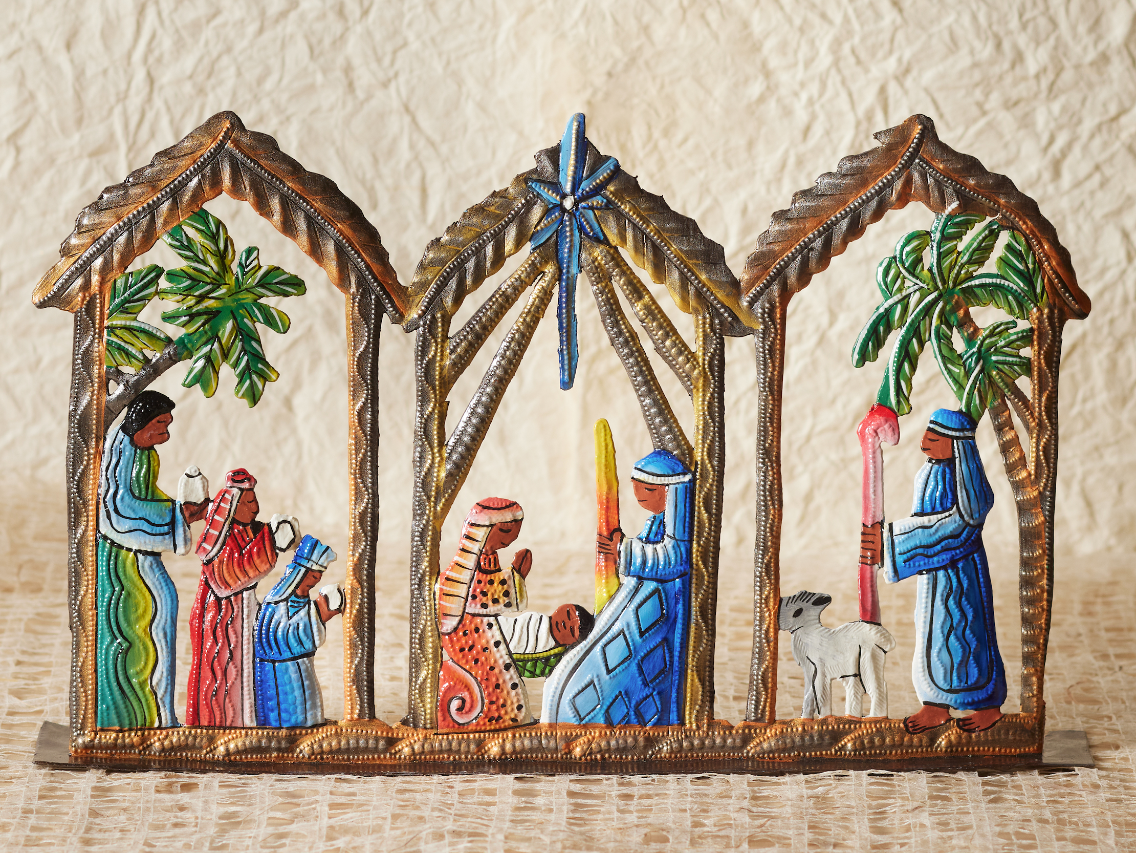 Haitian Radiating Blue Star Metal Nativity Panels, , large