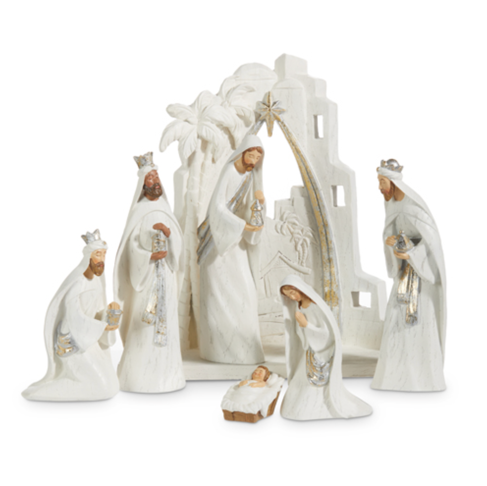 White and Gold Resin Nativity
