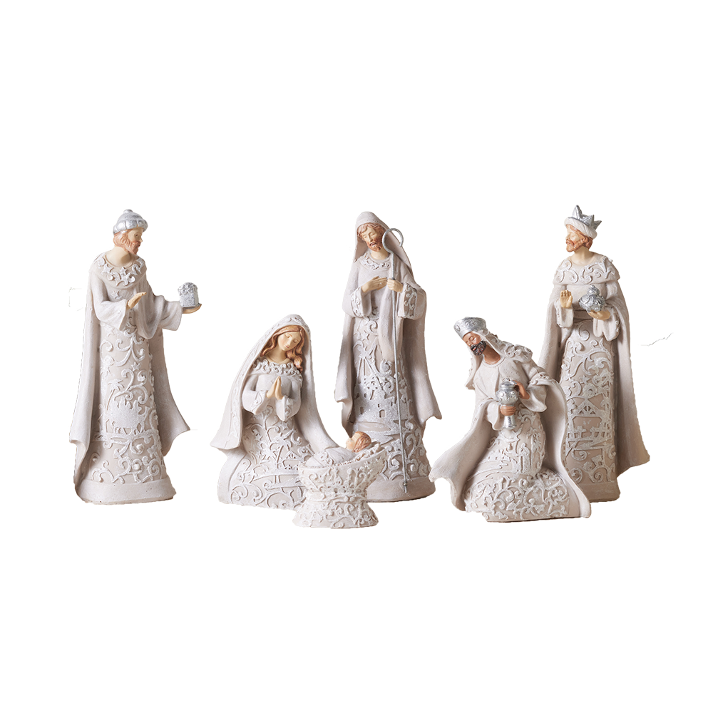 Ivory and Silver Filligree Stone Resin Nativity
