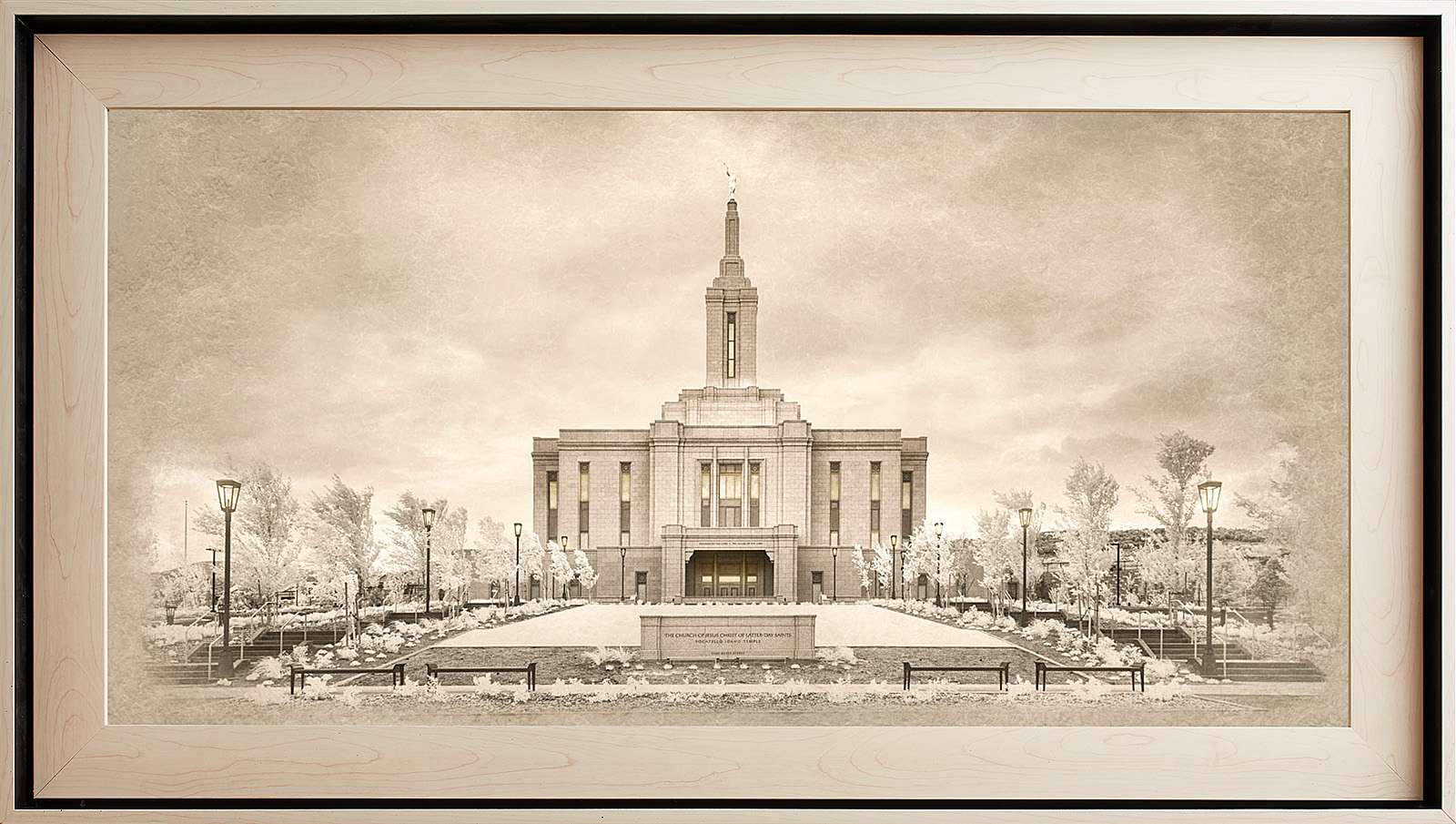 Pocatello Idaho Temple, Light Wood (22x39 Framed Textured Paper)