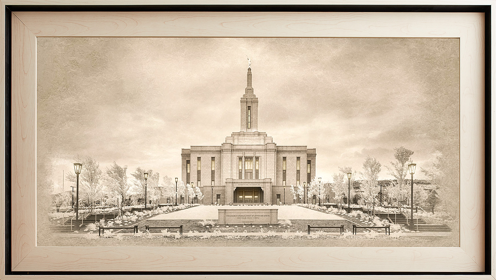 Pocatello Idaho Temple, Light Wood (22x39 Framed Textured Paper