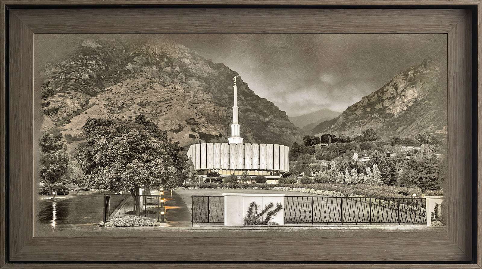 Provo Utah Temple, Gray Wood (22x39 Framed Textured Paper)