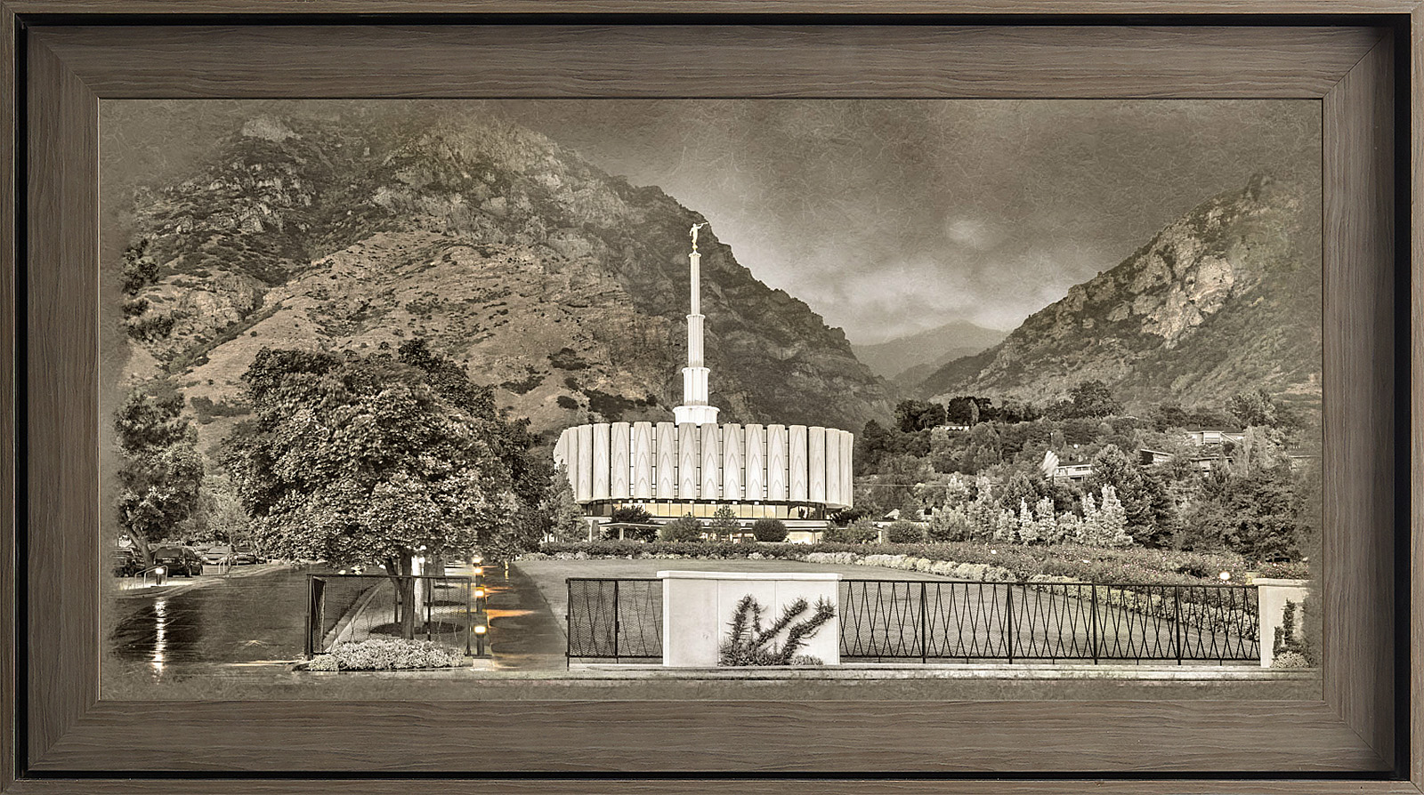 Provo Utah Temple, Gray Wood (22x39 Framed Textured Paper)