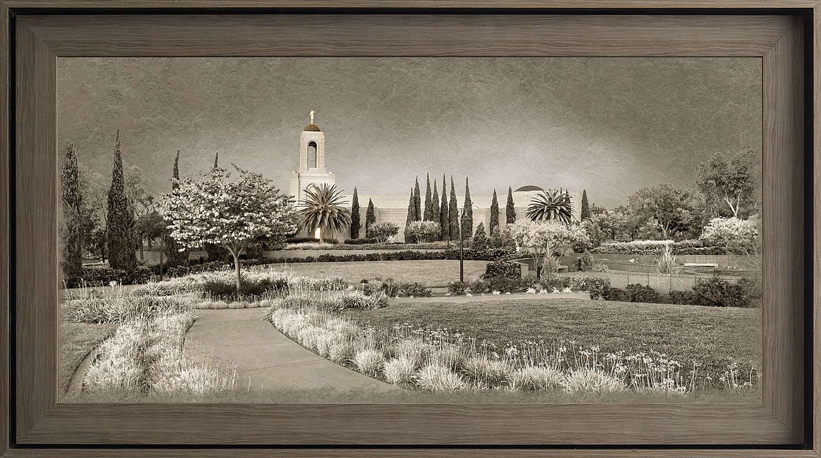 Newport Beach California Temple, Gray Wood (22x39 Framed Textured Paper)