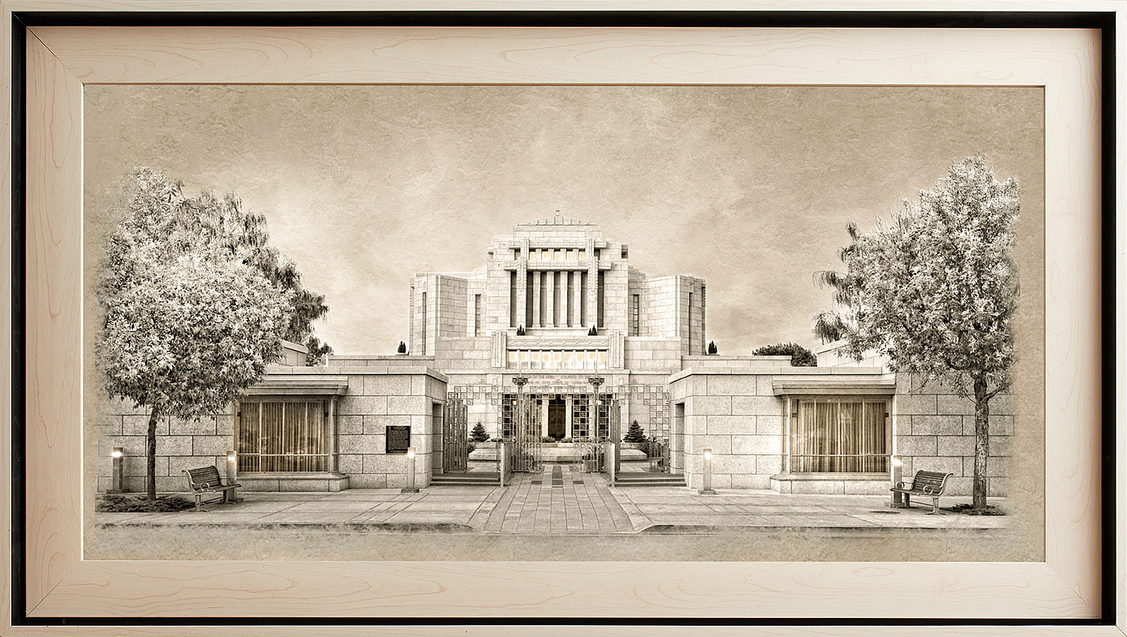 Cardston Alberta Temple, Light Wood (22x39 Framed Textured Paper)