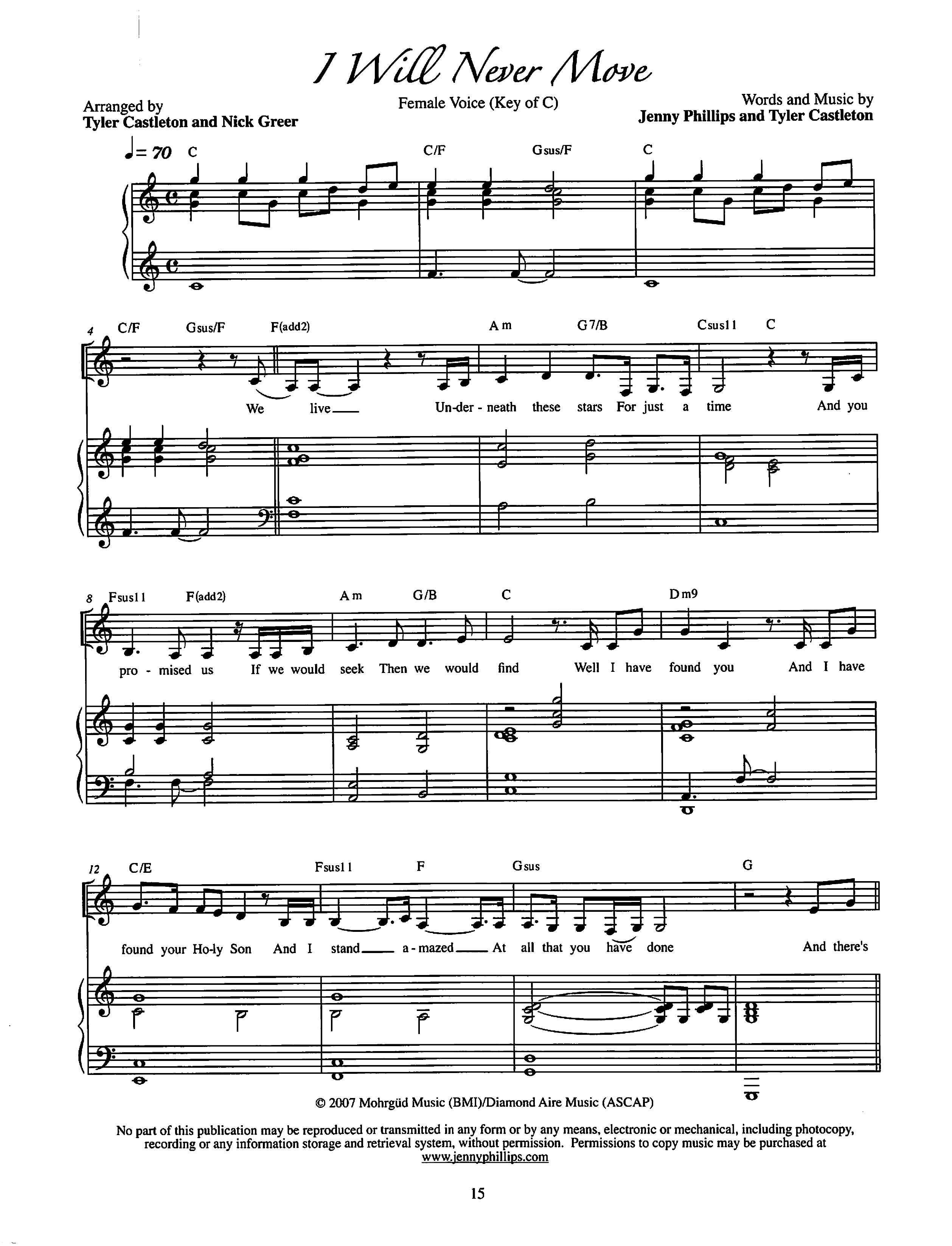 I Will Never Move (Key of C)