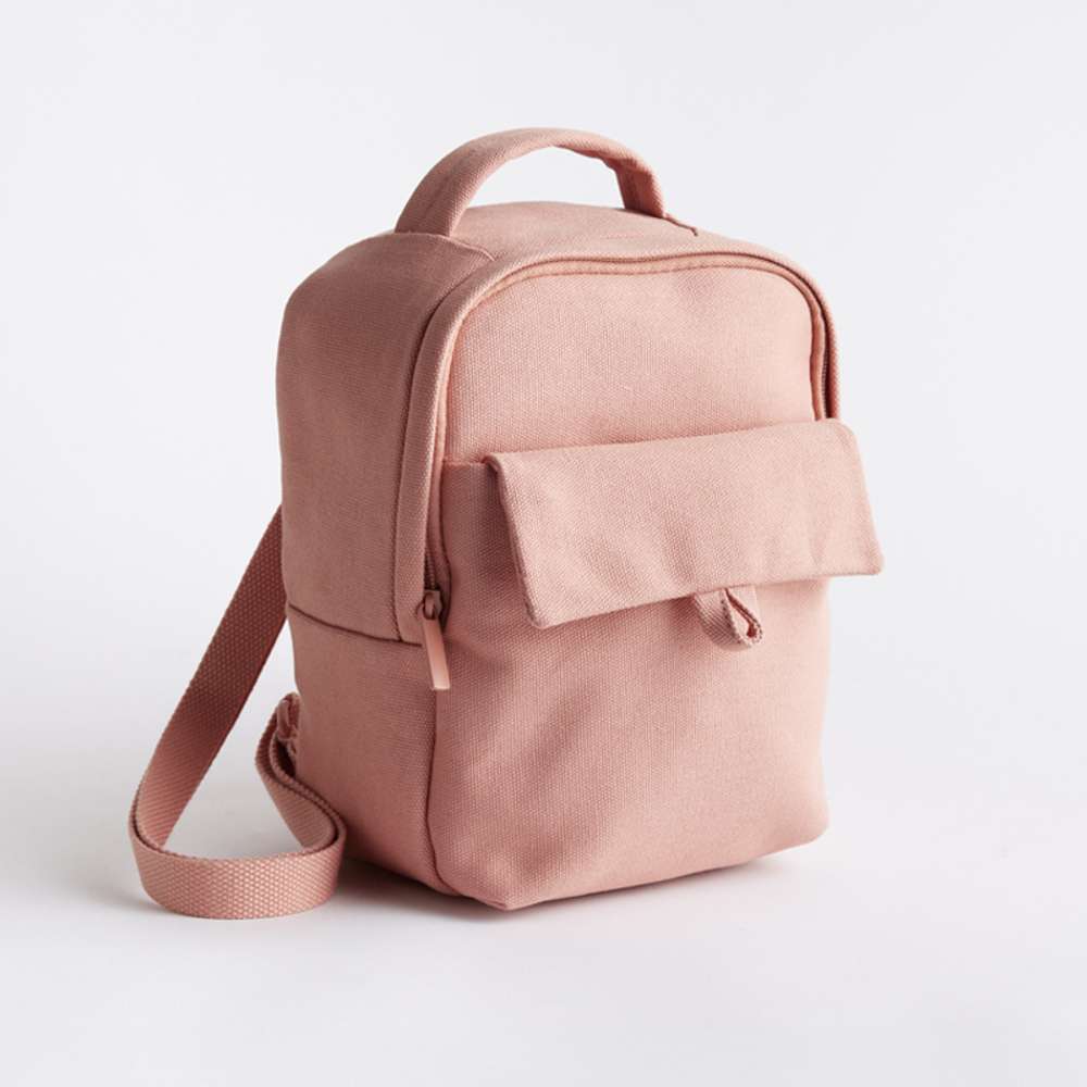 canvas leather backpack pink Lacambra Bags This backpack pairs pink canvas with dark leather trim for a clean Tote Reg Pink Canvas Backpack