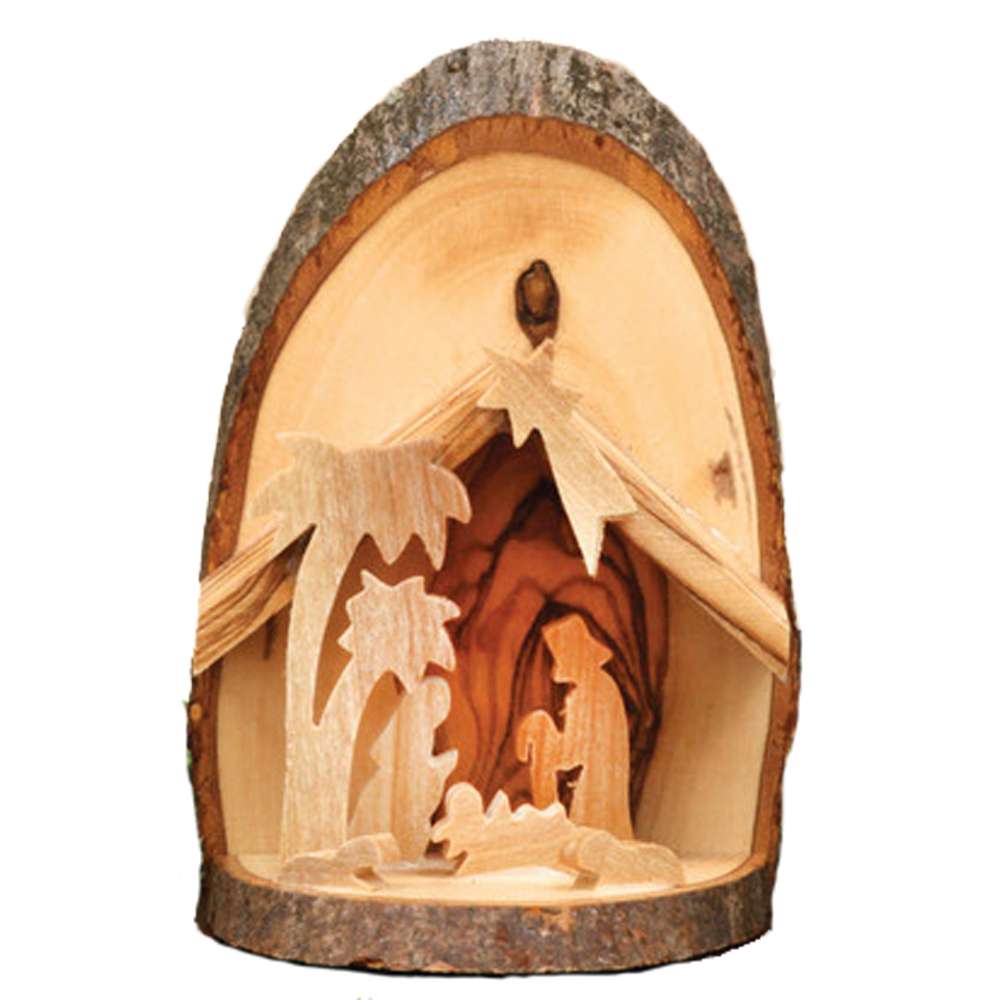 Jerusalem Carved Bark Slice Olive Wood Nativity, , large image number 0