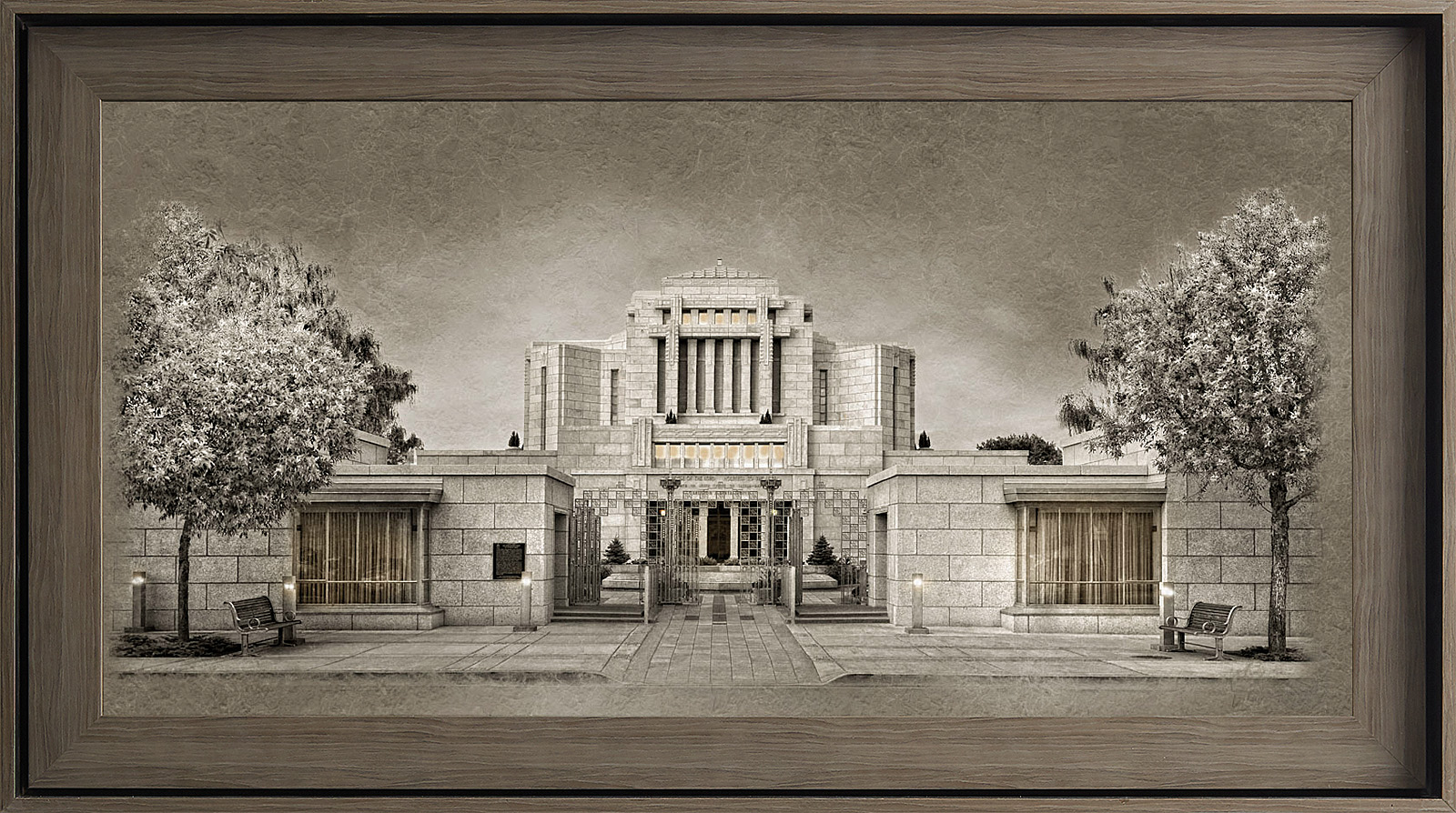 Cardston Alberta Temple, Gray Wood (22x39 Framed Textured Paper)
