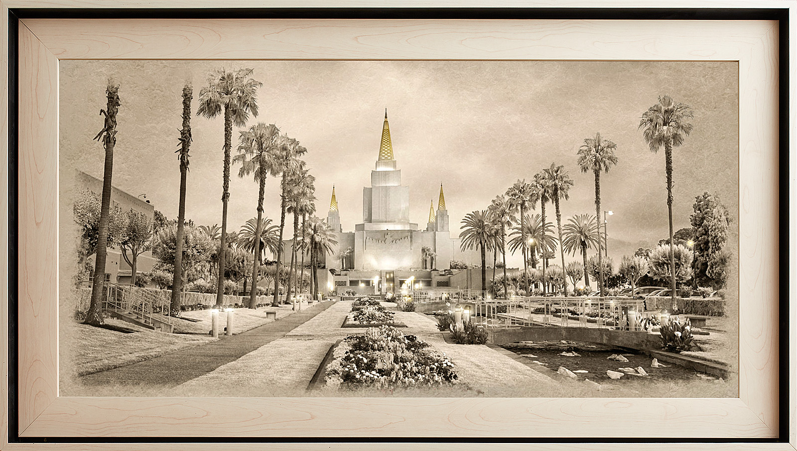 Oakland California Temple, Light Wood (22x39 Framed Textured Paper)