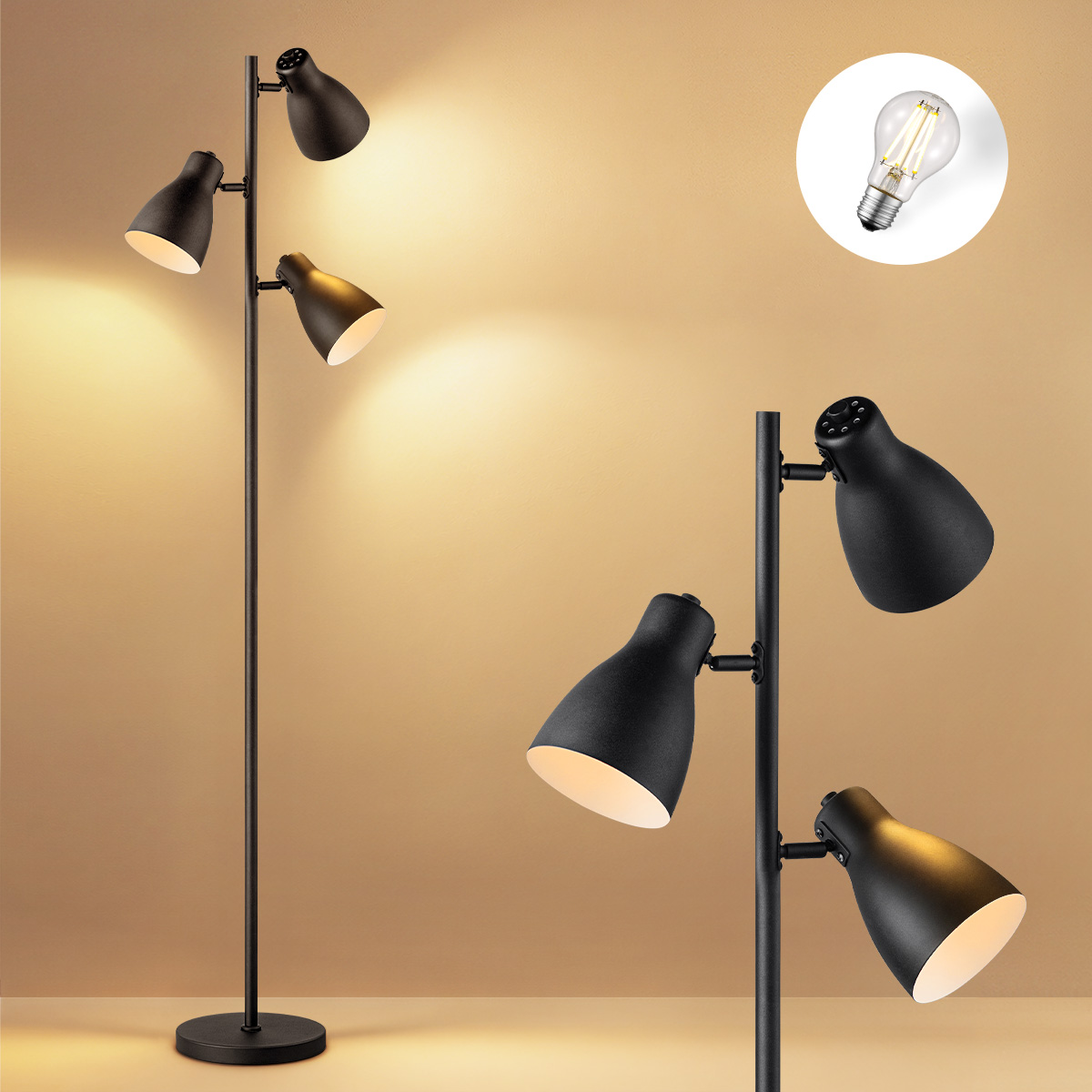 Moderne Vloerlamp - Staande Lamp met 3 lampen - Zwart - 38.5/38.5/166.5cm - Inclusief LED E27 Lichtbron 4W 806Lm - met Voetschakelaar - voor Slaapkamers en Thuiskantoren