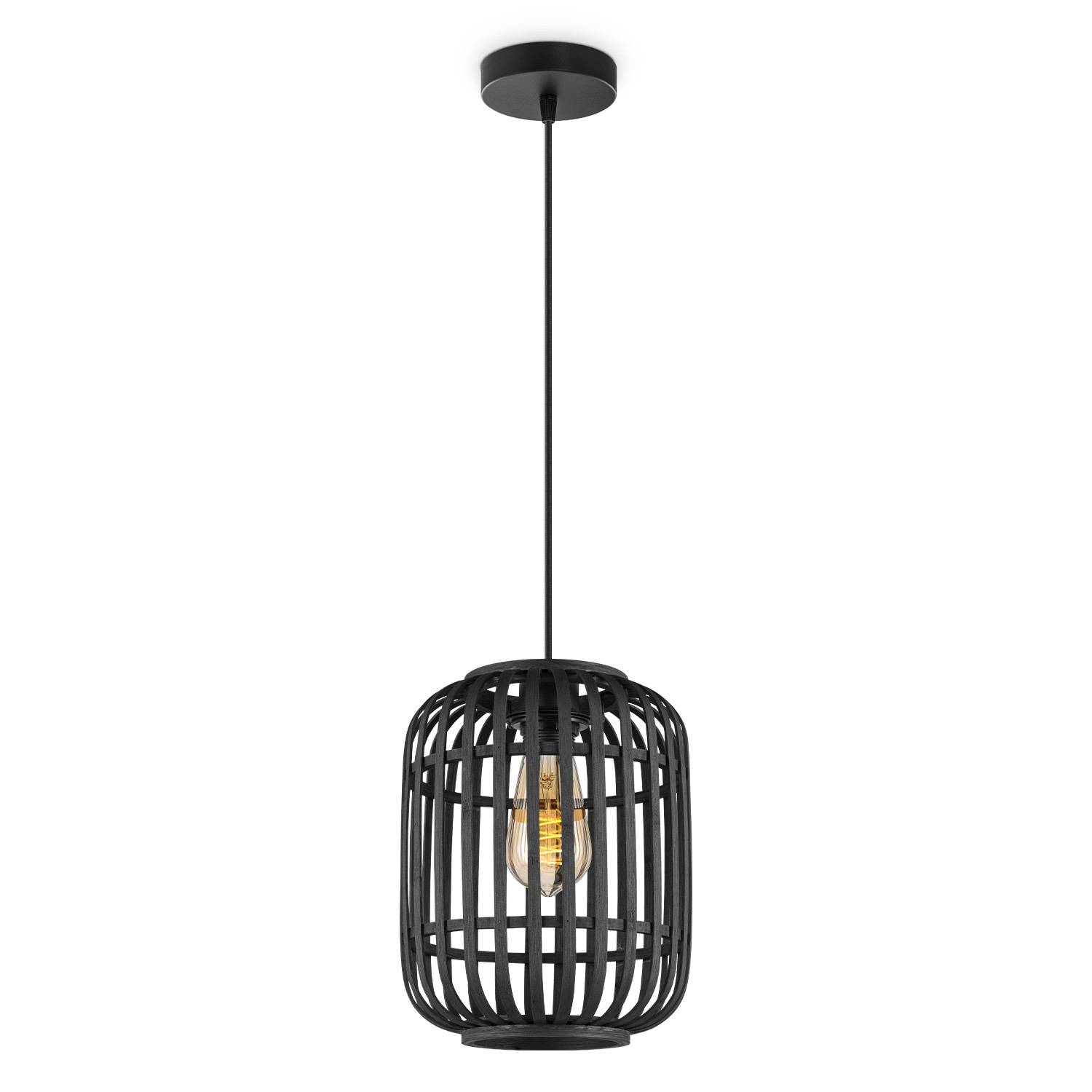 Boheemse Hanglamp - Bamboe Lampenkap - Cilindrisch - Zwart - Ø21.5 x 131 cm - E27 fitting - Ontworpen voor gebruik in slaapkamers en werkruimtes - Inclusief 1 meter kabel