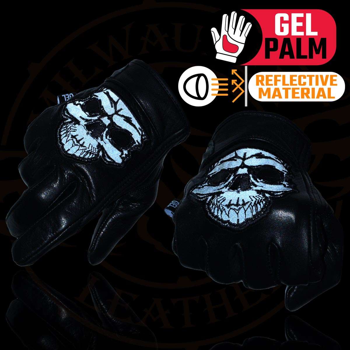 Milwaukee Reflective Skull Short Wrist Gloves with Gel Palm