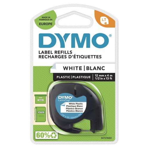 Dymo 91201 12mm x 4m Black On White Plastic Tape