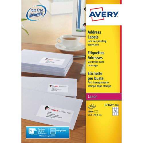 Avery L7161-100 Address Labels 100 sheets - 18 Labels per Sheet