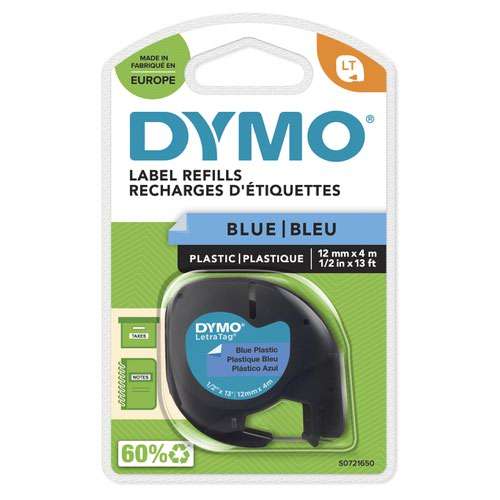 Dymo 91205 12mm x 4m Black On Blue Plastic Tape