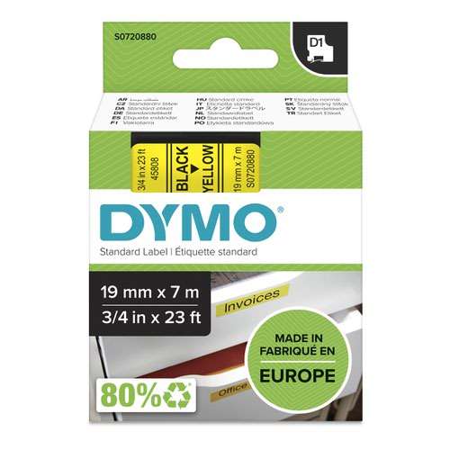 Dymo 45808 19mm x 7m Black on Yellow Tape