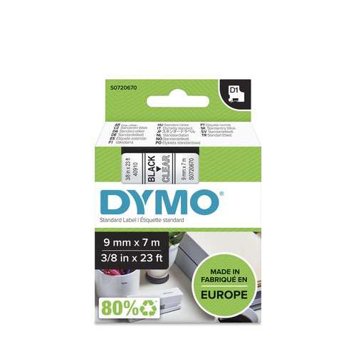 Dymo 40910 D1 9mm x 7m Black on Clear Tape