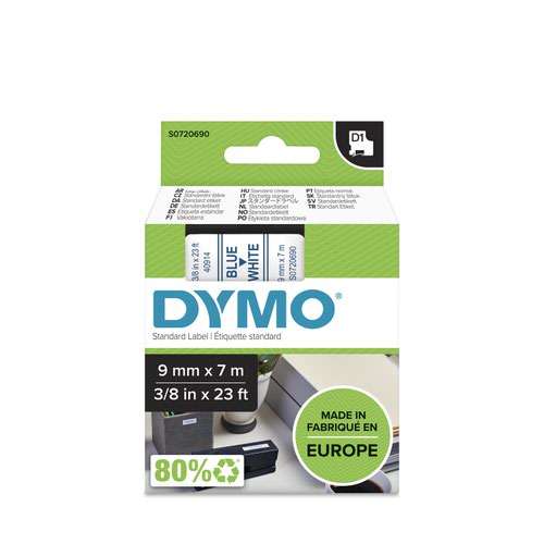 Dymo 40914 D1 9mm x 7m Blue on White Tape