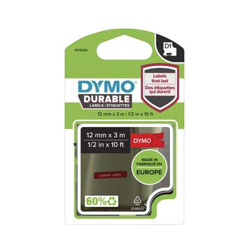 Dymo 1978366 D1 Durable 12mm x 3M Tape White on Red