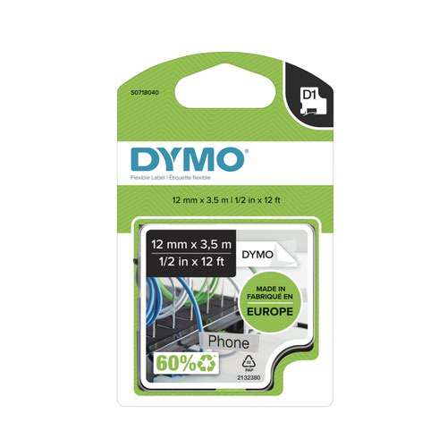 Dymo 16957 D1 12mm x 3.5m Black on White Tape