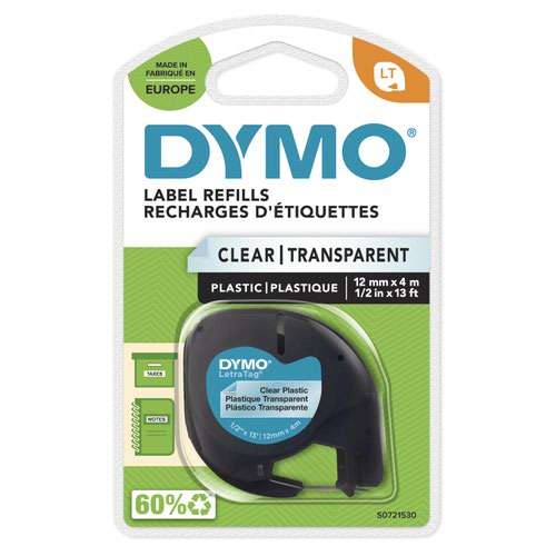 Dymo 12267 12mmx4m Black on Clear Plastic Tape