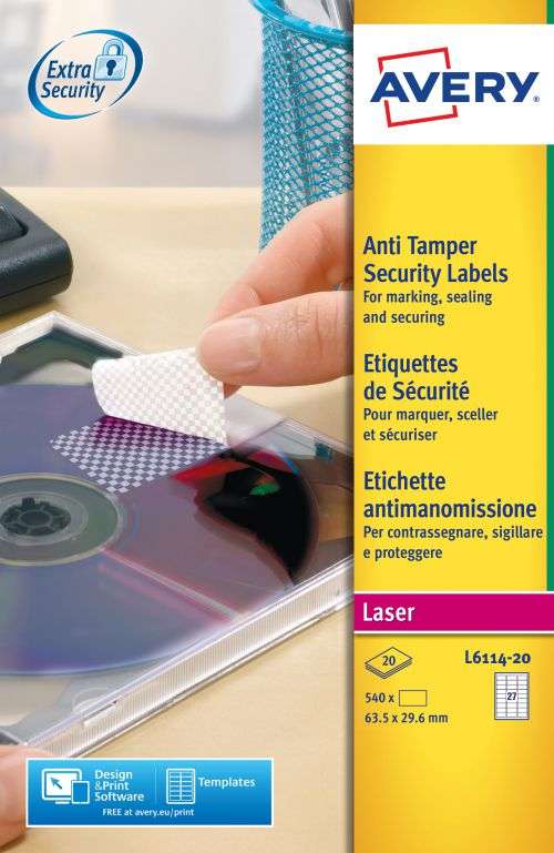 Avery L6114-20 Anti-Tamper Labels 20 sheets - 27 Labels per Sheet