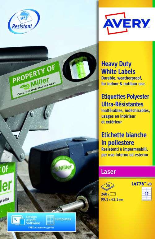 Avery L4776-20 Resistant Labels 20 sheets - 12 Labels per Sheet
