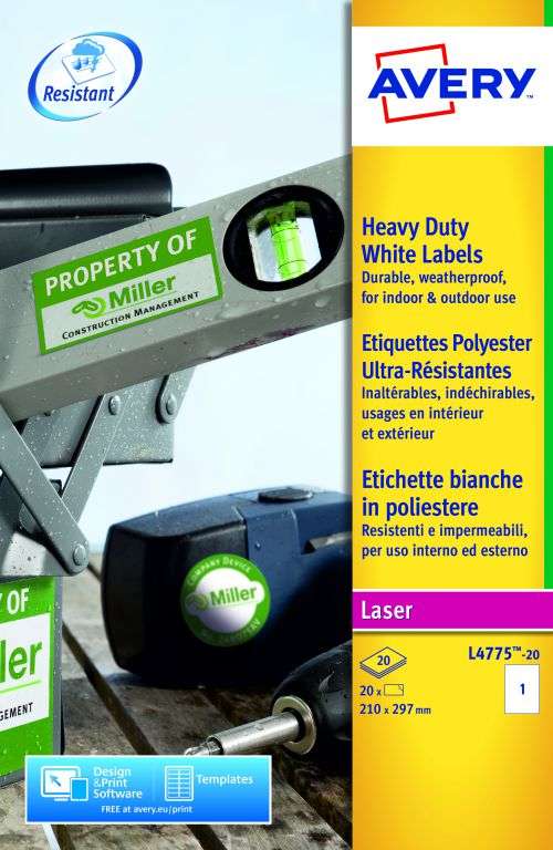 Avery L4775-20 Resistant Labels 20 sheets - 1 Labels per Sheet