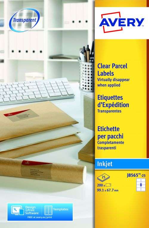 Avery J8565-25 Clear Parcel Labels 25 sheets - 8 Labels per Sheet