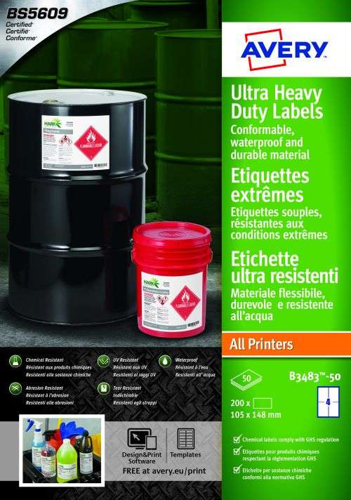 Avery B3483-50 Ultra Resistant Labels 50 sheets - 4 Labels per Sheet