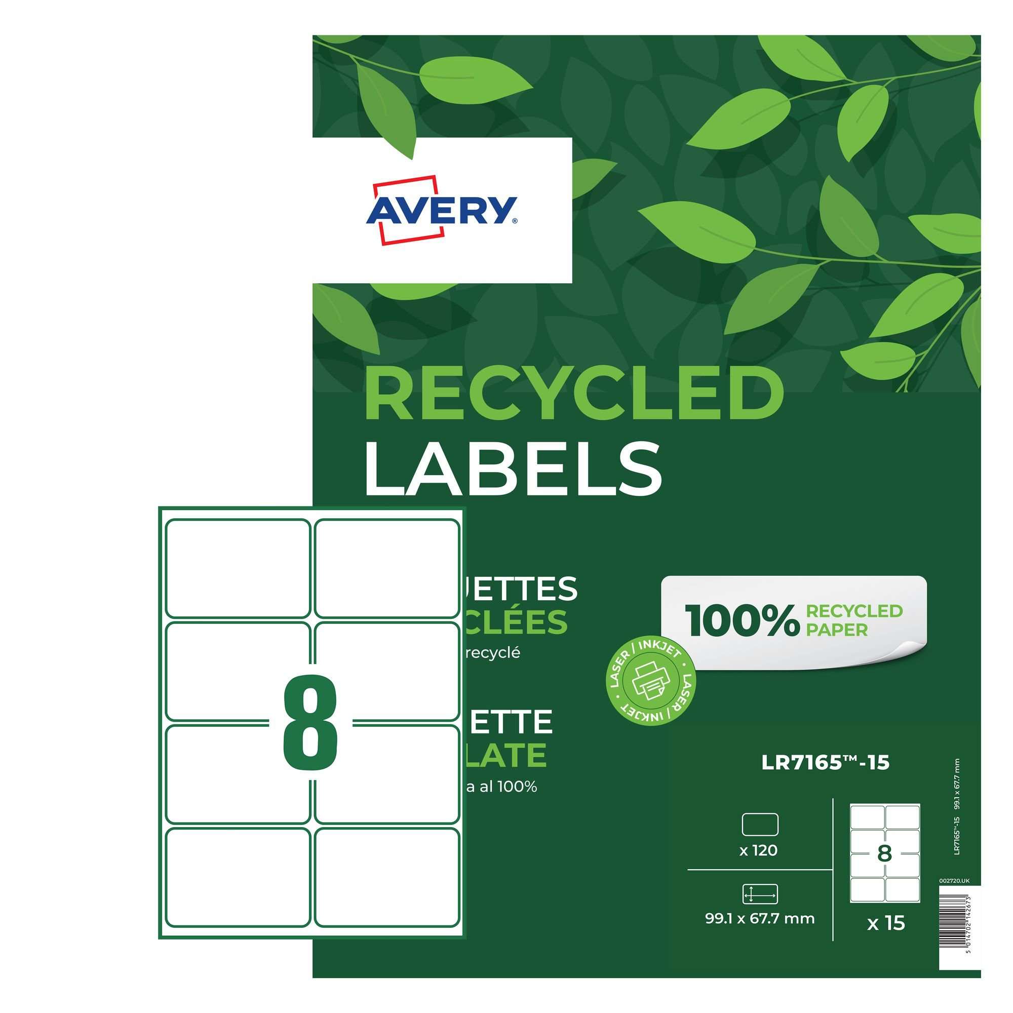 Avery LR7165-15 Recycled Parcel Labels 15 sheets - 8 Labels per Sheet