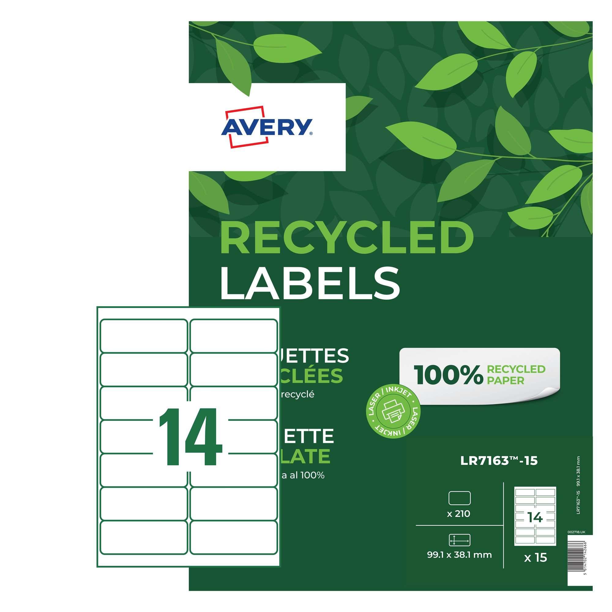 Avery LR7163-15 Recycled Address Labels 100 sheets - 14 Labels per Sheet