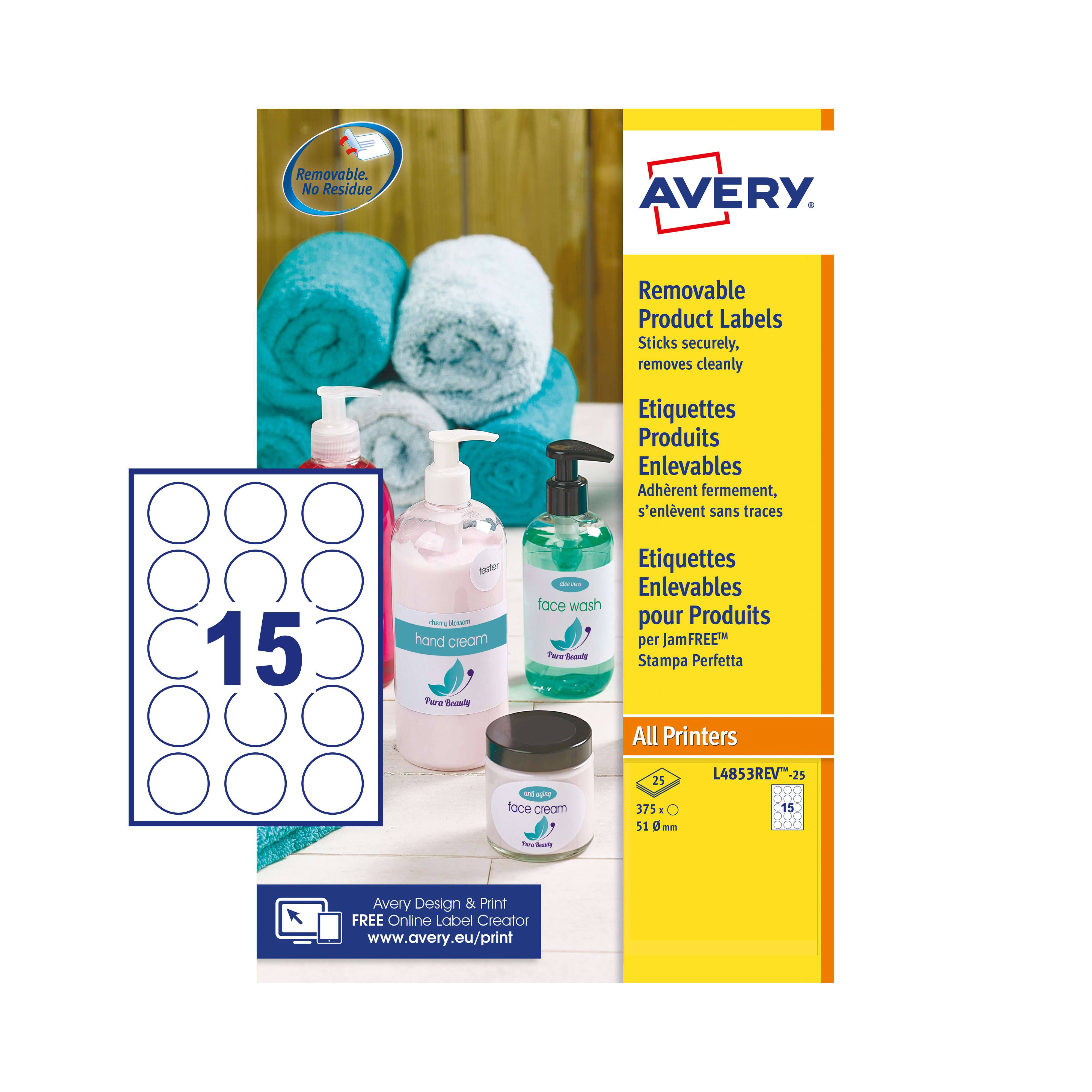 Avery L4853REV-25 51mm Removable Round Labels 25 Sheets - 15 Labels per Sheet