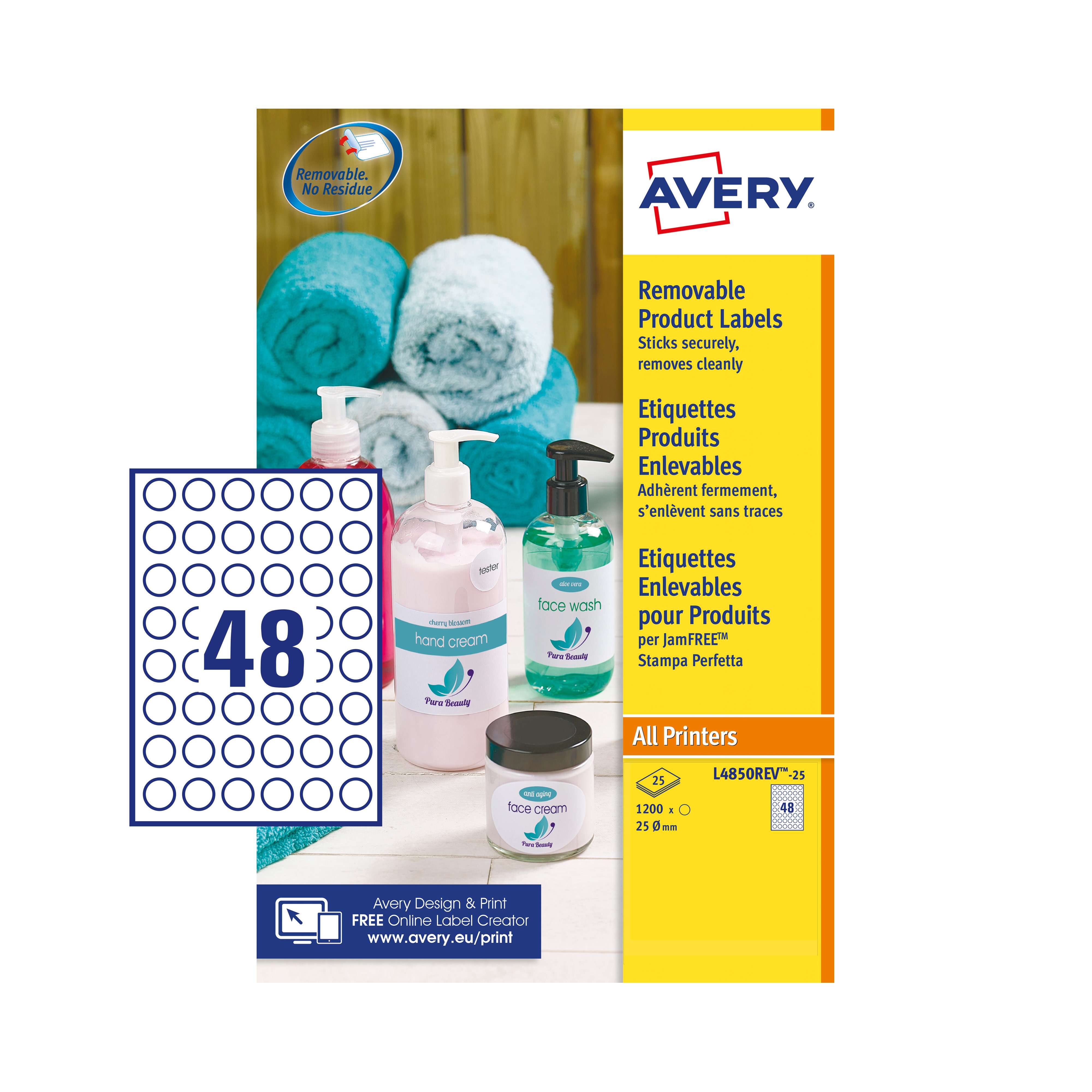 Avery L4850REV-25 25mm Removable Round Labels 25 Sheets - 48 Labels per Sheet
