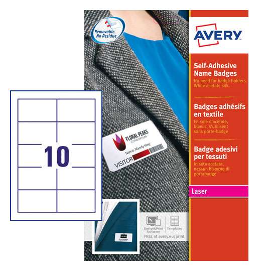 Avery L4785-20 80 x 50mm Self Adhesive Silk Name Badges 20 Sheets - 10 Labels per Sheet
