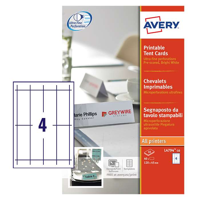 Avery L4794-10 120 x 45mm Tent Cards 10 Sheets - 4 Cards per Sheet