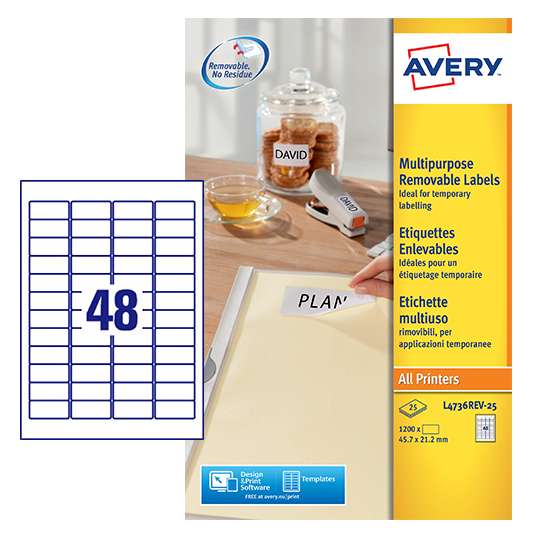 Avery L4736REV-25 45.7 x 21.2mm Mini Multipurpose Labels 25 Sheets - 48 Labels per Sheet