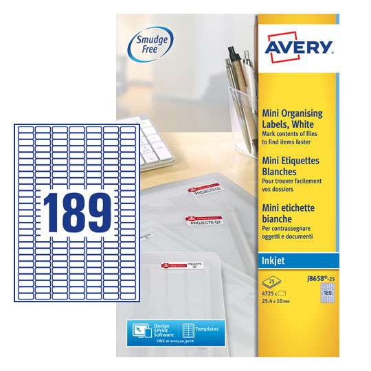 Avery J8658-25 25.4 x 10mm Mini Multipurpose Labels 25 Sheets - 189 Labels per Sheet