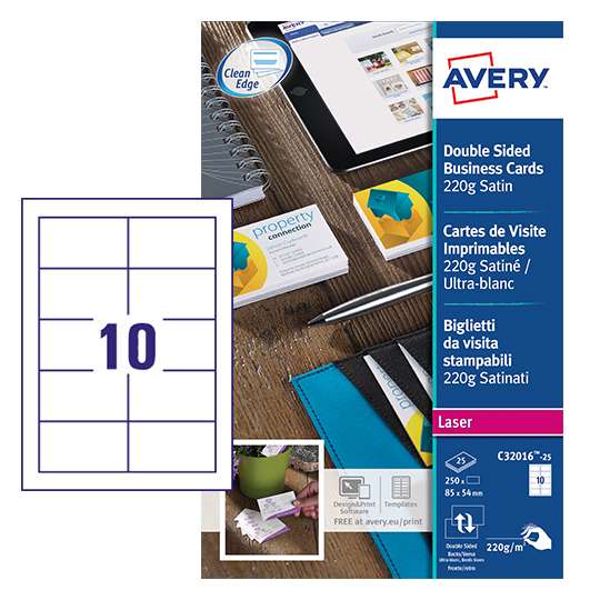 Avery C32016-25 85 x 54mm Business Cards - 25 sheets - 10 cards per Sheet