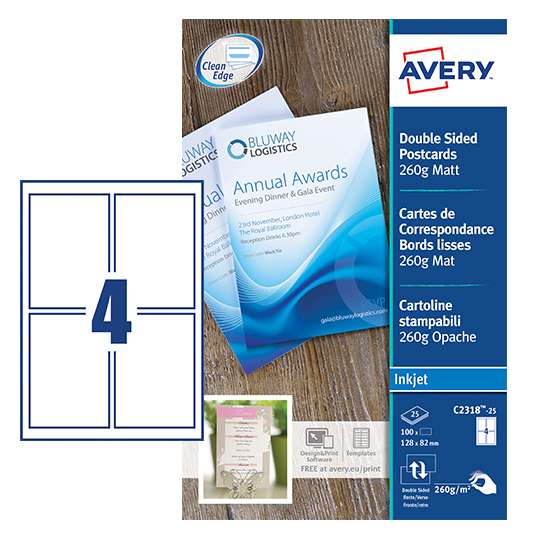 Avery C2318-25 128 x 82mm Printable Cards - 25 sheets - 4 cards per Sheet