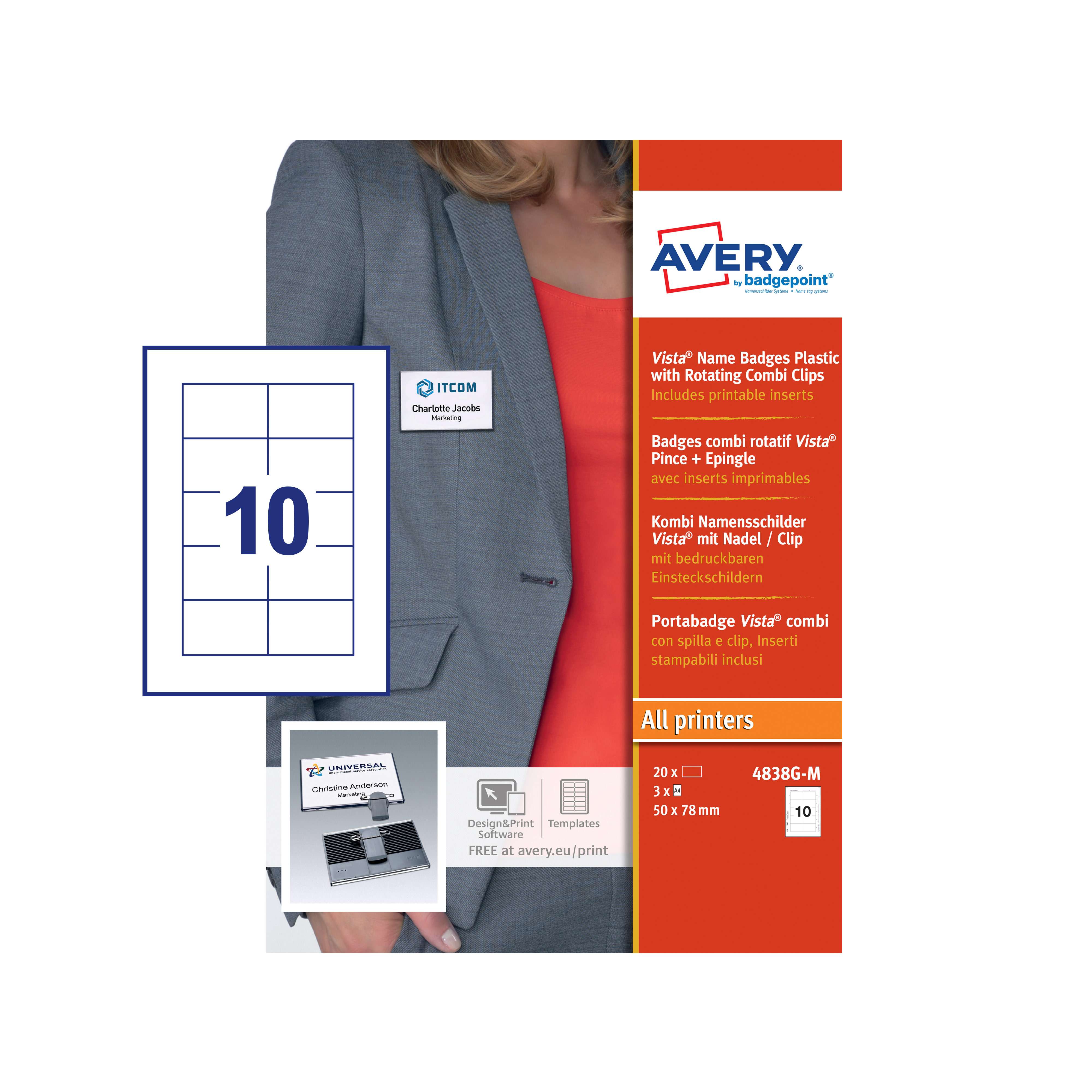 Avery 4838G-M Vista Name Badges - Plastic with Rotating Combi Clips