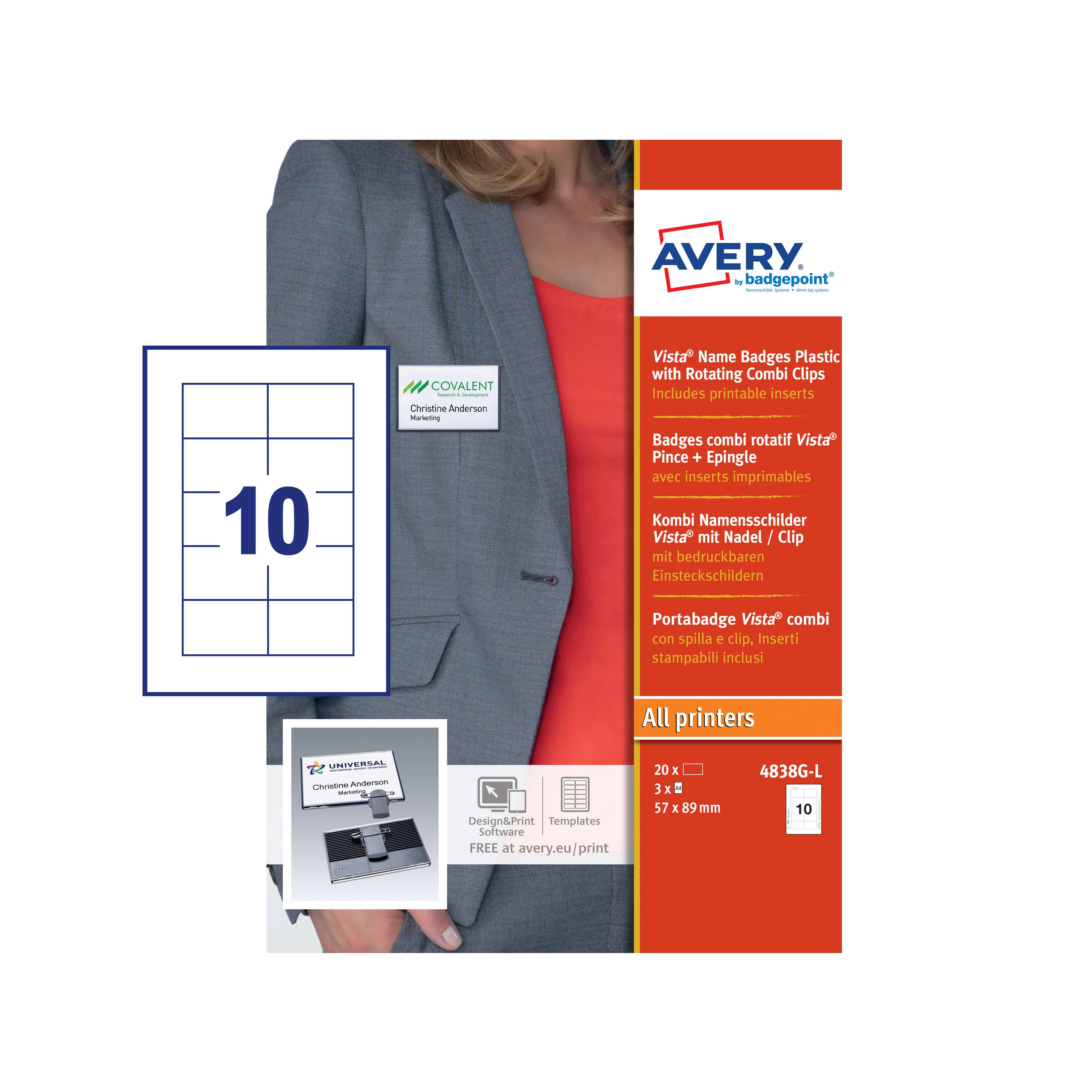 Avery 4838G-L Vista Name Badges - Plastic with Rotating Combi Clips