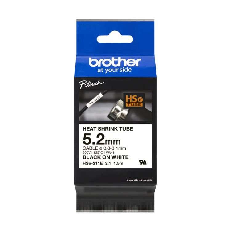 Brother HSE-211E 5.2mm Black on White Heat Shrink Tube