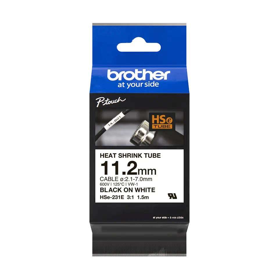 Brother HSE-231E 11.2mm Black on White Heat Shrink Tube